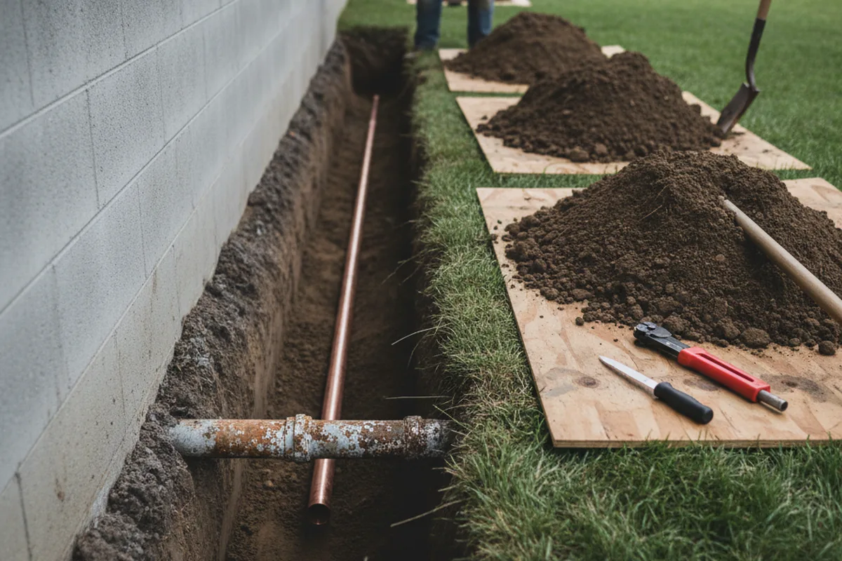 Excavated water line trench during Sewer Line Repair in Manakin Sabot